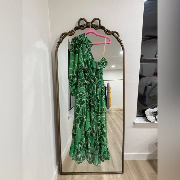 Farm Rio x Anthropologie Printed One-Shoulder Green Floral Ruffle Dress